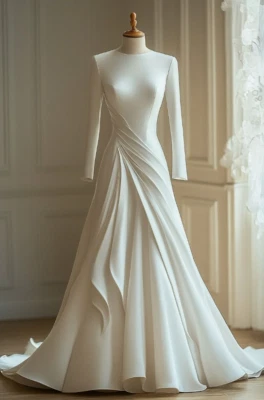 Elegantes vestidos de novia musulmanes de satén mangas largas cuello redondo blancos vestidos de novia Foto 1 de 4