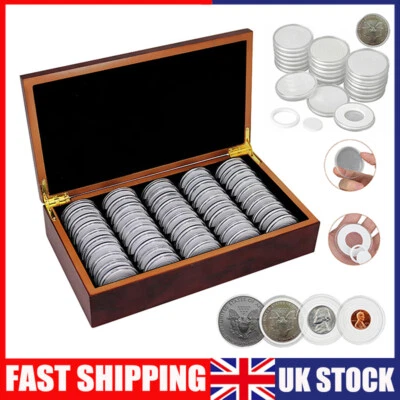 50pcs 46MM Coin Capsules Storage Box & Wooden Case Holders Collection Display UK