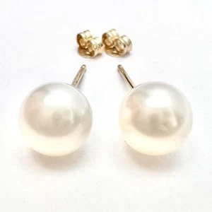 10K Solid Yellow Gold 6.5mm Pearl Stud Pierced Earrings Signed JCM - Picture 1 of 11