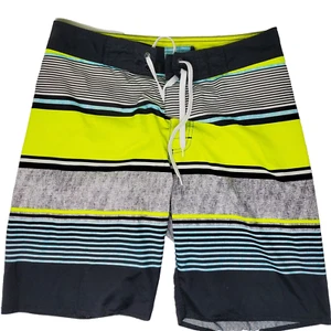 Old Navy Boardshorts Men Medium 32x8.5" Black Neon Yellow Swim Striped - Picture 1 of 9