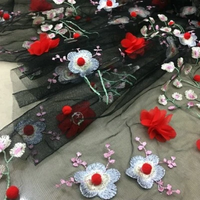 Sheer Mesh Tulle Fabric Lace Embroidery 3D Flower Sewing for Wedding Dress DIY - Image 1 of 4