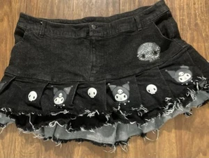 Kuromi Rhinestone Pleated Skirt Blk Denim "Plus Size 2" Hip Hugger Goth Grt Cond - Picture 1 of 21