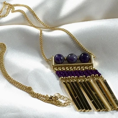 Collar Suéter Colgante Borla Flecos Piedras Preciosas Amatista Púrpura Chapado en Oro 14k Foto 1 de 4