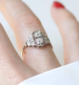 Art Deco Vintage Engagement Ring 14K White Gold FN Dainty Two Stone Wedding Ring - Picture 1 of 10