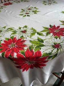 Vintage Cloth Christmas Tablecloth Red & White Poinsettias 76" x 60" - Picture 1 of 7
