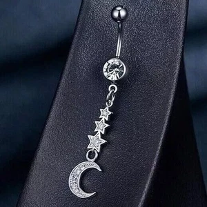 Belly Bars Navel Button Piercing Rings Crystal Body Jewellery Ring Silver Dangle - Picture 1 of 8