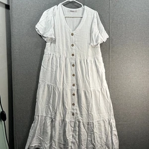 Susan Graver Reg Pure Linen Blend Tiered Button-Front Midi D White, Medium - Picture 1 of 16
