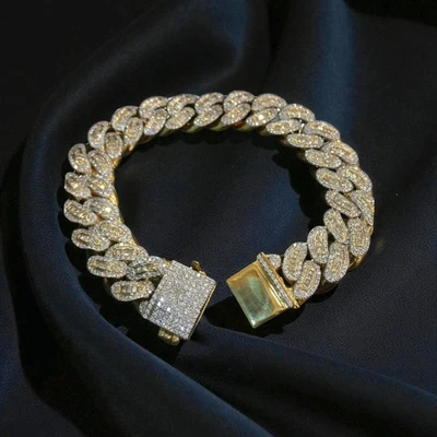 Pave 11.41 TCW F/VS1 Round Princess Diamonds Men's Cuban Chain Bracelet 14K Gold - Image 1 of 4