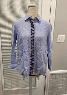 Camisa de lino Weekend Max Mara para mujer talla 4 azul a rayas con botones Top carrera náutica Foto 1 de 4