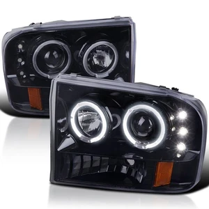 New Glossy Black 1999-2004 For Ford F250 F350 Ledhalo Projector Headlights Pair - Picture 1 of 5
