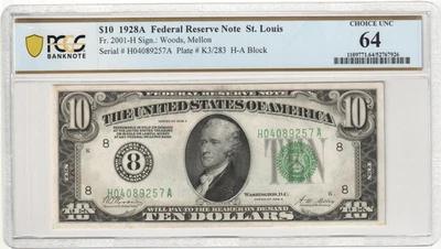 1928A $10 FRN ~ St. LOUIS ~ GOLD:BIG 8 NUMERIC SEAL ~ PCGS 64 CU # H 0408 9257 A - Image 1 of 4