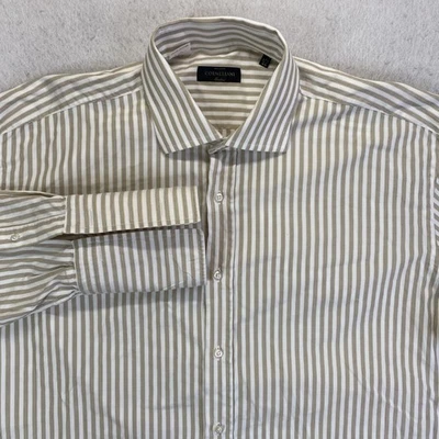 Рубашка мужская Corneliani 17,5 44 бежевая белая в полоску с длинным рукавом французские манжеты Италия - Изображение 1 из 4