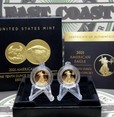 2021 "W" $5 prueba oro águila (2 monedas) 1/10 oz T.1 T.2 *DISEÑADOR* conjunto caja y certificado de autenticidad Foto 1 de 4