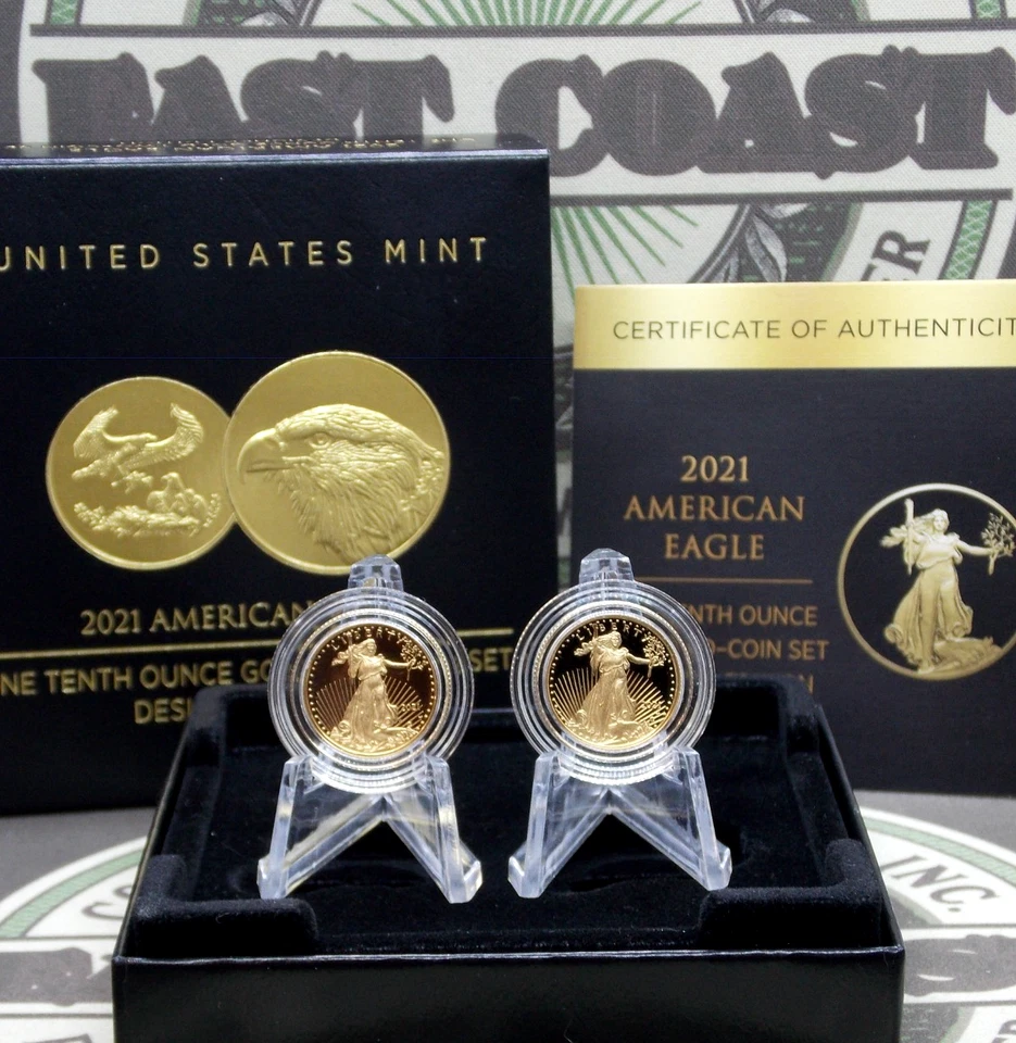 2021 "W" $5 prueba oro águila (2 monedas) 1/10 oz T.1 T.2 *DISEÑADOR* conjunto caja y certificado de autenticidad Foto 1 de 4