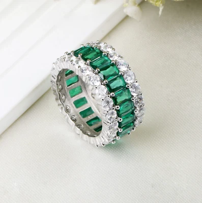 925 Sterling Silver Green Baguette Cut Fully Eternity Wedding Band Ring Size 7 - Image 1 of 4
