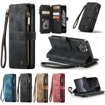 Zip Wallet Case for iPhone 16 15 14 13 12 11 Leather Flip Purse Card Stand Cover - Image 1 of 4