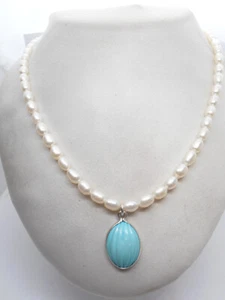 Collana di Perle d'Acqua Dolce con Ciondolo in Turchese Naturale e Argento 925 - Foto 1 di 8