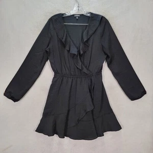 Express Womens Dress Black Ruffled V Neck Flowy Cocktail Mock Wrap Mini Size M - Picture 1 of 23