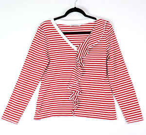Sportscraft Womens Long Sleeve Top Size S Red White Breton Stripe Ruffle V Neck 