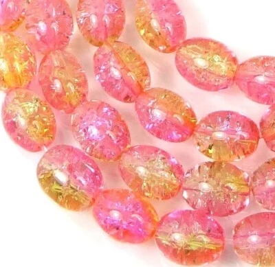 8x6mm Czech Glass Crackle Cracked Barrel Rice Beads - Pink / Yellow (50) 16"  - Image 1 of 2