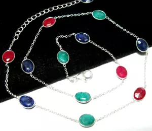 Sterling Silver Ruby Sapphire Emerald Gem Stone Bezel Chain Necklace 18.5" Long - Picture 1 of 8