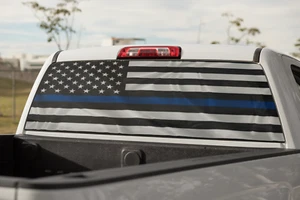 Decal Back Window- Thin Blue Line American Police Flag - perforated vinyl TBW008 - Picture 1 of 2