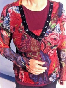 Chiffon & velvet Boho Top Size 10 UK Red/black zip vintage RRP £190 - Picture 1 of 4