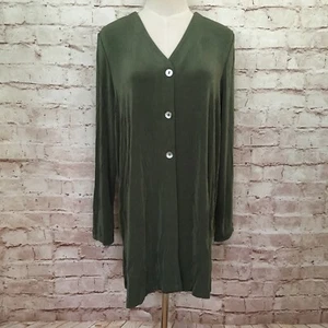 CITIKNITS Slinky Stretch Green Long Jacket V Neck Button Front & Pants Petite L - Picture 1 of 7