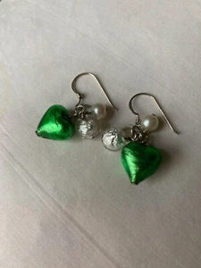 Heart-shaped drop earrings in green Murano glass - Picture 1 of 1