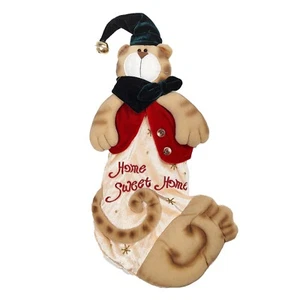 Vintage 00s Plush Cat Christmas Stocking Home Sweet Velvet Embroidered Elf 8x19" - Picture 1 of 8