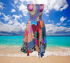 Womens Hippie Boho Dress, Colorful Hi low Skirt, Patchwork Hippie Dress, S/M