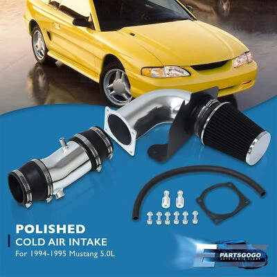 For 94-95 Ford Mustang 5.0 V8 Cold Air Intake Chrome Pipe + Heat Shield Filter - Image 1 of 4