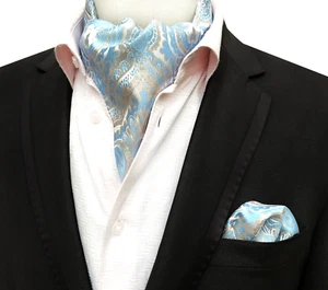 Classic Men's Ascot Cravat Tie Silk Paisley Blue Silver Scarf Cravat Hanky Set - Picture 1 of 1