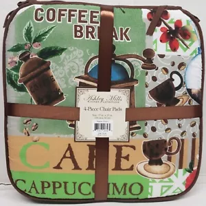 Set of 4 Same Printed Cushion Chair Pads w/ties(15"x15") COFFEE BREAK,brown,ASM - Picture 1 of 19