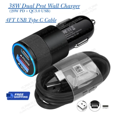 Kit Cargador Coche Rápido 38W Para Samsung Galaxy Cable USB Tipo C Bloque Adaptador de Pared Foto 1 de 4