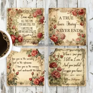 Maßgeschneidert 4" Keramik Quadrat Untersetzer 4er Set-Valentin ~ Gedichte ~ Blumen ~ Geschenk - Bild 1 von 1