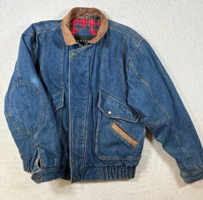Chaqueta Context Vintage Para Hombre 2XL Azul Denim Jean Rojo Forrada a Cuadros Borde de Cuero Foto 1 de 2