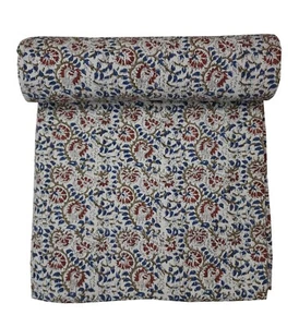 Indian Cotton Floral Queen Twin Kantha Quilt Blanket Bedspread Handmade Throw - Picture 1 of 4