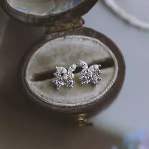 Amethyst Flower Butterfly 14K Gold Sterling Silver Claw Post CZ Stud Earrings - Picture 1 of 7