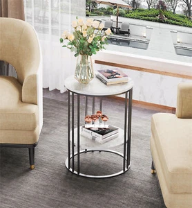 Black Frame End Table White Marble Nightstand Shelf Living Room Sofa Side Table - Picture 1 of 12