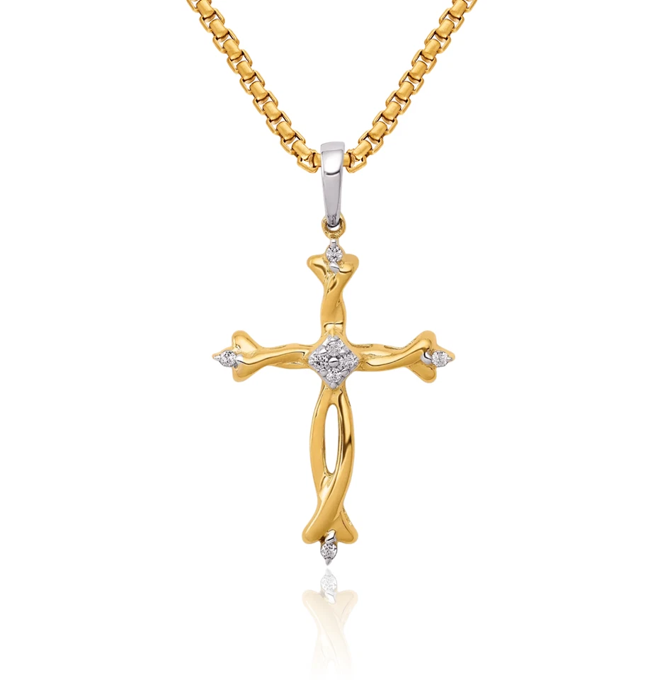 14K Solid Two Tone Gold Diamond Cross Necklace - Image 1 of 1