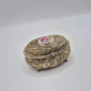 Ornate Vintage Footed OvalTrinket Box Red Velvet Floral Design Roses Japan - Picture 1 of 8