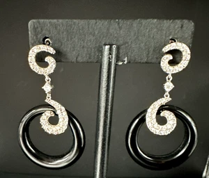 Vintage Sterling Silber 925 Ohrringe CZ schwarz Glas Ohrhänger - Bild 1 von 9