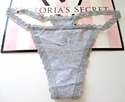 VICTORIA'S SECRET кружева отделки хлопок V-струнные стринги трусики против вересковый серый M XL новый с Ярлыками - Изображение 1 из 4