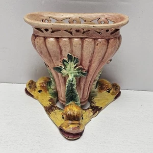 Antique Italian Majolica Vase Planter 3 Headed Dolphin Fish Art Pottery READ  - Picture 1 of 9