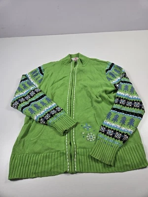 Quacker Factory Sweater Womens Large Green Zip Cardigan Wool Snowflake Fair Isle - Image 1 of 4
