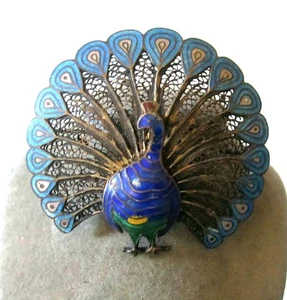 FAB VINTAGE STERLING SILVER ENAMEL PEACOCK PIN BIG 2" GREAT TURQUOISE COLOR - Picture 1 of 4