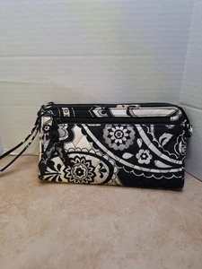 Portafoglio Vera Bradley Midnight Paisley con zip e giro da polso bianco e nero - Foto 1 di 10
