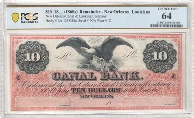 1860s $10 New Orleans Canal & Banking Company Louisiana PCGS UNC 64 - Image 1 of 2