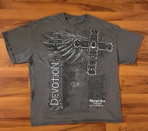 Vintage DEVOTION Gothic Cross Affliction Grunge Style Gray T-Shirt Angel Wings L - Picture 1 of 7
